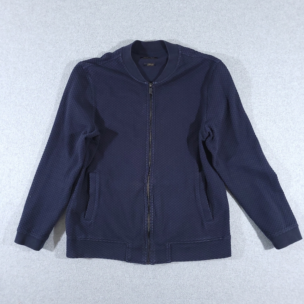 Massimo Dutti Sweater Mens Medium Navy Full Zip Mock Neck Waffle Knit Cardigan